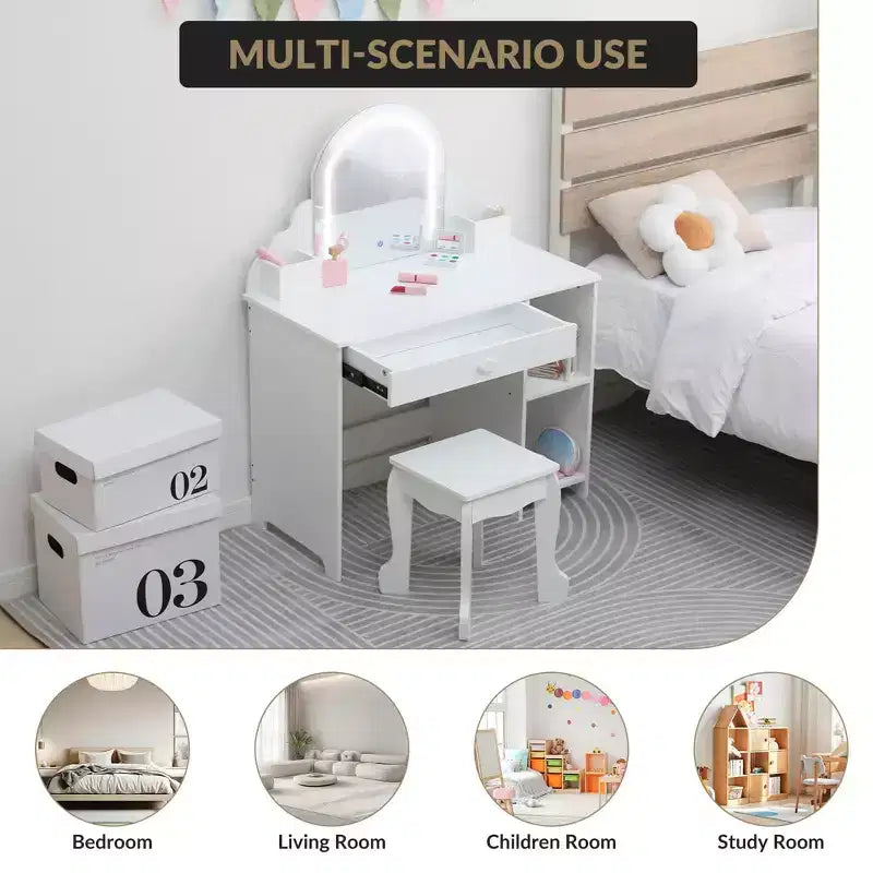 Coiffeuse pour enfants COZONY avec miroir et tabouret, luminosité réglable, tiroir et étagères de rangement, pour filles de 3 à 9 ans