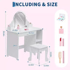 Coiffeuse pour enfants COZONY avec miroir et tabouret, luminosité réglable, tiroir et étagères de rangement, pour filles de 3 à 9 ans