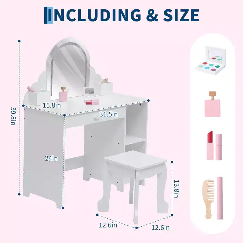 Coiffeuse pour enfants COZONY avec miroir et tabouret, luminosité réglable, tiroir et étagères de rangement, pour filles de 3 à 9 ans