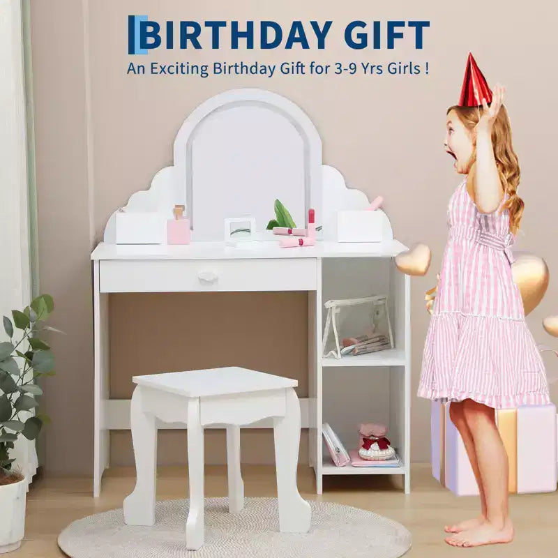 Coiffeuse pour enfants COZONY avec miroir et tabouret, luminosité réglable, tiroir et étagères de rangement, pour filles de 3 à 9 ans