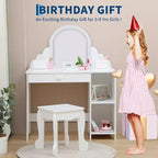 Coiffeuse pour enfants COZONY avec miroir et tabouret, luminosité réglable, tiroir et étagères de rangement, pour filles de 3 à 9 ans