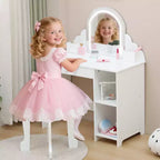 Coiffeuse pour enfants COZONY avec miroir et tabouret, luminosité réglable, tiroir et étagères de rangement, pour filles de 3 à 9 ans