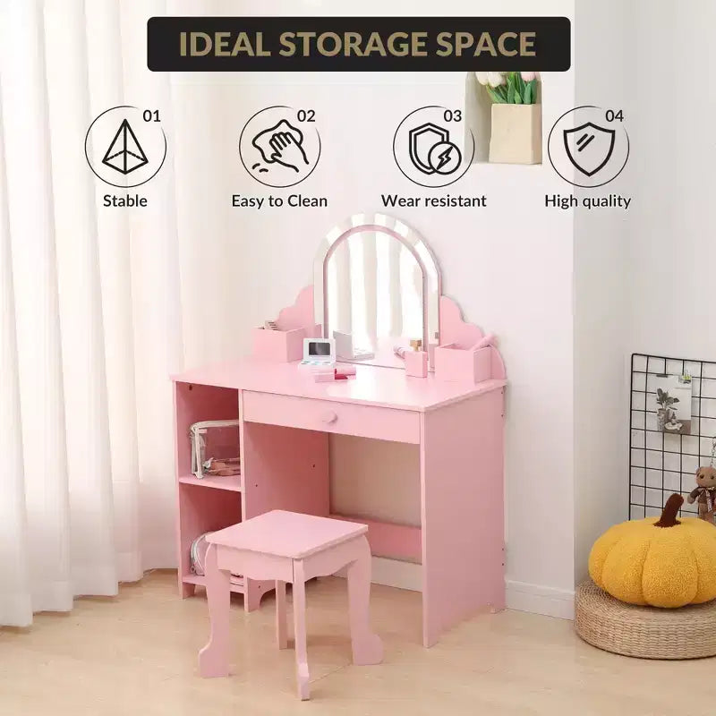 Coiffeuse pour enfants COZONY avec miroir et tabouret, luminosité réglable, tiroir et étagères de rangement, pour filles de 3 à 9 ans