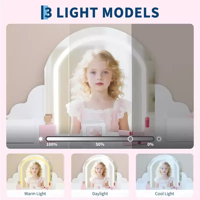 Coiffeuse pour enfants COZONY avec miroir et tabouret, luminosité réglable, tiroir et étagères de rangement, pour filles de 3 à 9 ans