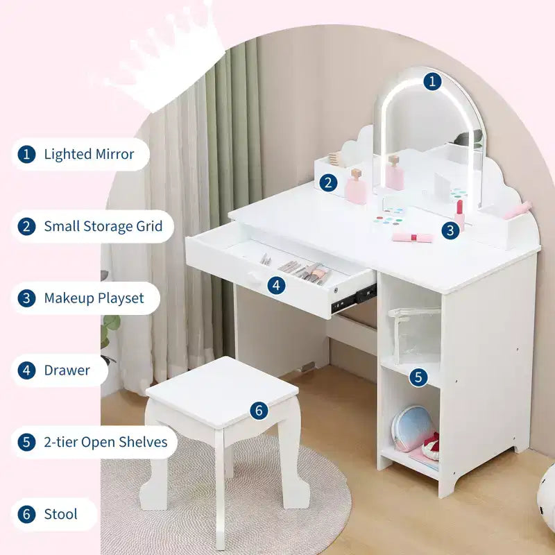 Coiffeuse pour enfants COZONY avec miroir et tabouret, luminosité réglable, tiroir et étagères de rangement, pour filles de 3 à 9 ans