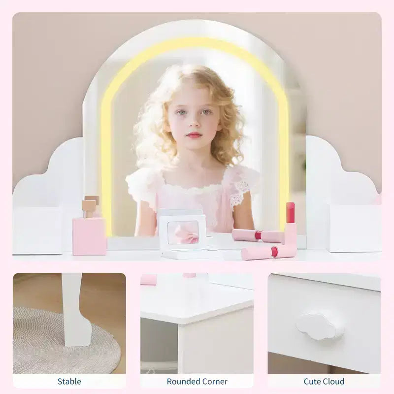 Coiffeuse pour enfants COZONY avec miroir et tabouret, luminosité réglable, tiroir et étagères de rangement, pour filles de 3 à 9 ans