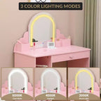 Coiffeuse pour enfants COZONY avec miroir et tabouret, luminosité réglable, tiroir et étagères de rangement, pour filles de 3 à 9 ans
