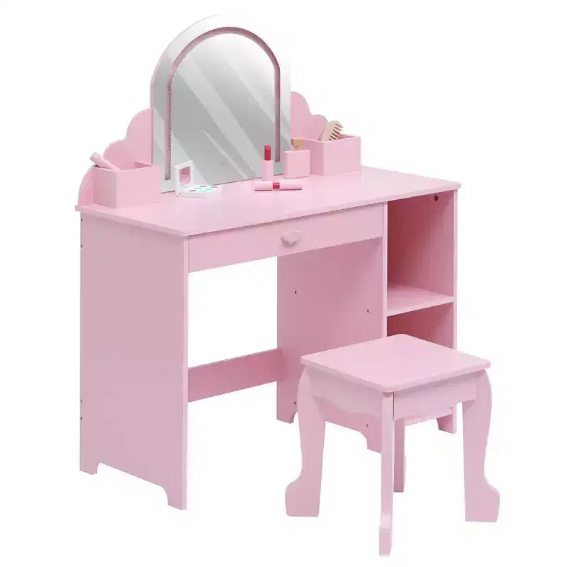 Coiffeuse pour enfants COZONY avec miroir et tabouret, luminosité réglable, tiroir et étagères de rangement, pour filles de 3 à 9 ans