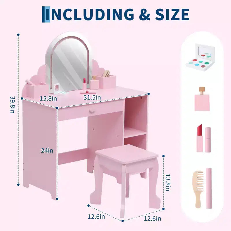 Coiffeuse pour enfants COZONY avec miroir et tabouret, luminosité réglable, tiroir et étagères de rangement, pour filles de 3 à 9 ans