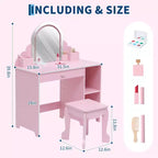 Coiffeuse pour enfants COZONY avec miroir et tabouret, luminosité réglable, tiroir et étagères de rangement, pour filles de 3 à 9 ans
