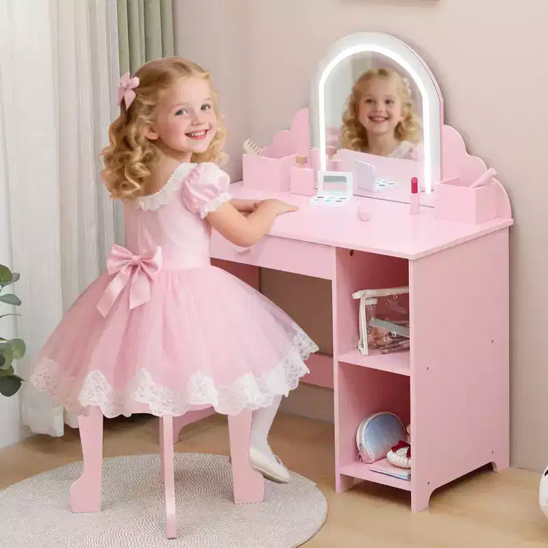Coiffeuse pour enfants COZONY avec miroir et tabouret, luminosité réglable, tiroir et étagères de rangement, pour filles de 3 à 9 ans