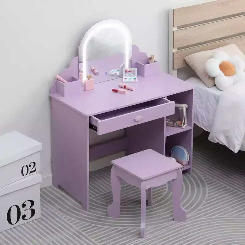 Coiffeuse pour enfants COZONY avec miroir et tabouret, luminosité réglable, tiroir et étagères de rangement, pour filles de 3 à 9 ans