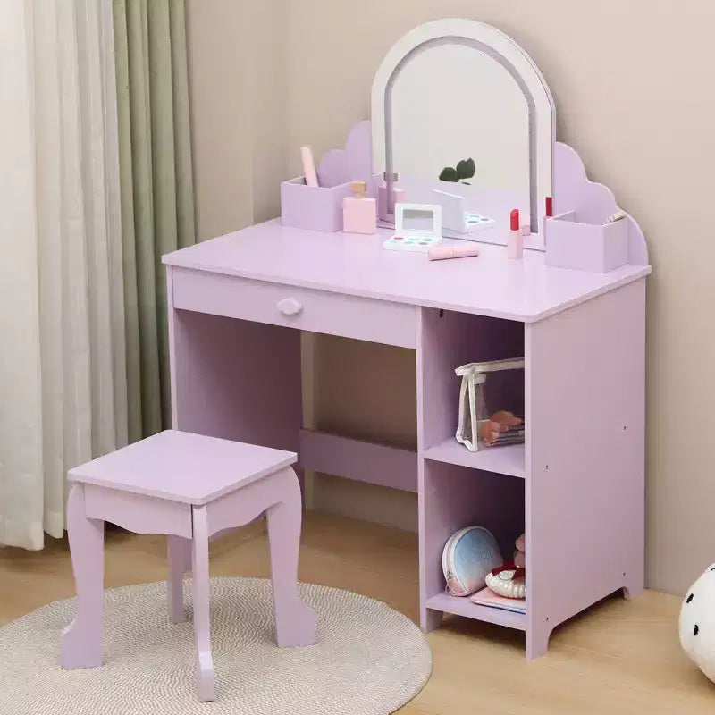 Coiffeuse pour enfants COZONY avec miroir et tabouret, luminosité réglable, tiroir et étagères de rangement, pour filles de 3 à 9 ans