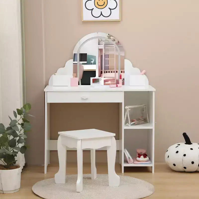 Coiffeuse pour enfants COZONY avec miroir et tabouret, luminosité réglable, tiroir et étagères de rangement, pour filles de 3 à 9 ans