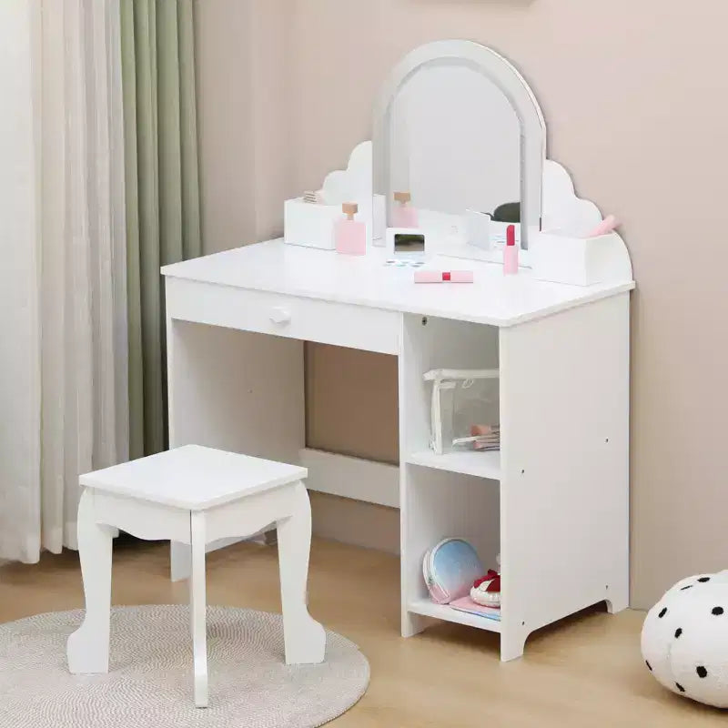 Coiffeuse pour enfants COZONY avec miroir et tabouret, luminosité réglable, tiroir et étagères de rangement, pour filles de 3 à 9 ans