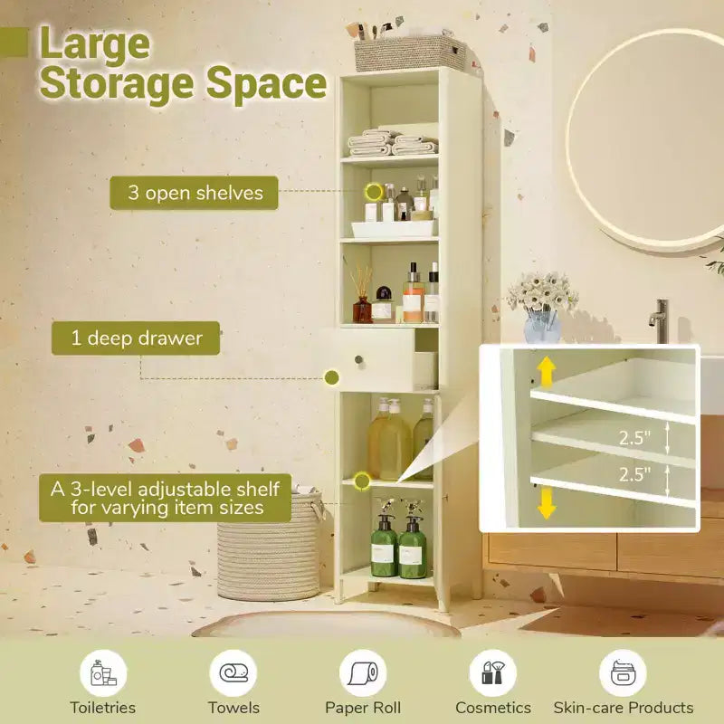 Meuble Haut de Salle de Bain Costway 170 cm avec 3 Étagères Ouvertes, 1 Tiroir, Étagère Intérieure Réglable Blanc/Blanc cassé/Noir/Vert/Gris