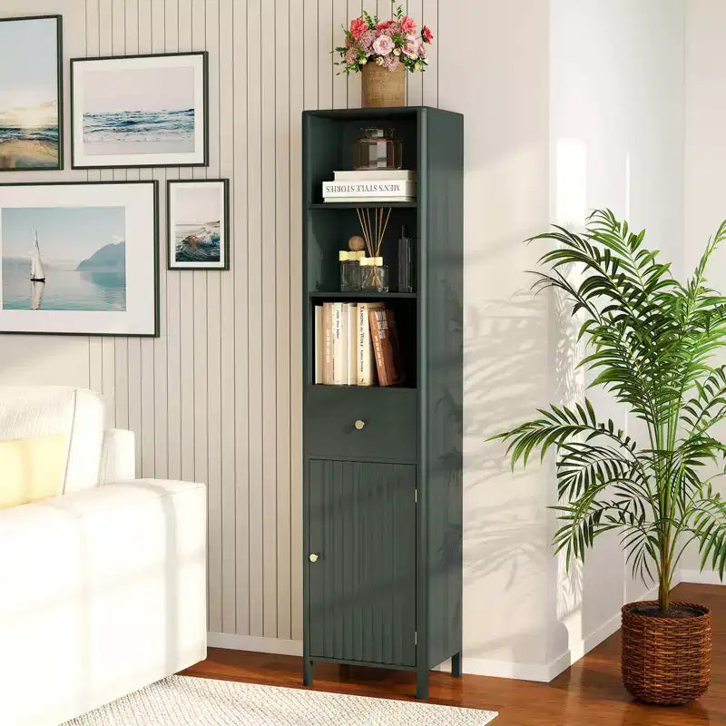 Meuble Haut de Salle de Bain Costway 170 cm avec 3 Étagères Ouvertes, 1 Tiroir, Étagère Intérieure Réglable Blanc/Blanc cassé/Noir/Vert/Gris