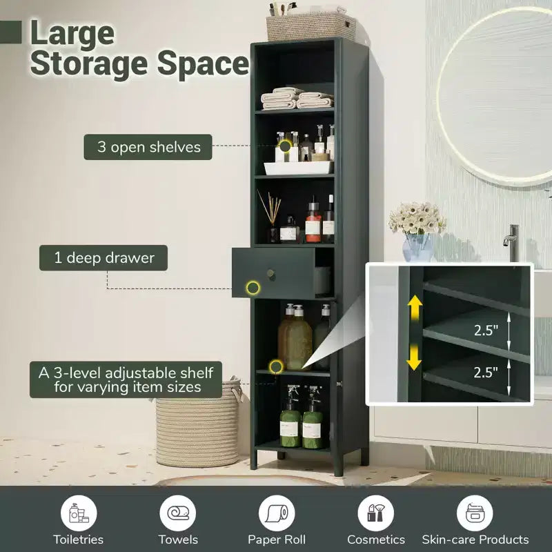 Meuble Haut de Salle de Bain Costway 170 cm avec 3 Étagères Ouvertes, 1 Tiroir, Étagère Intérieure Réglable Blanc/Blanc cassé/Noir/Vert/Gris