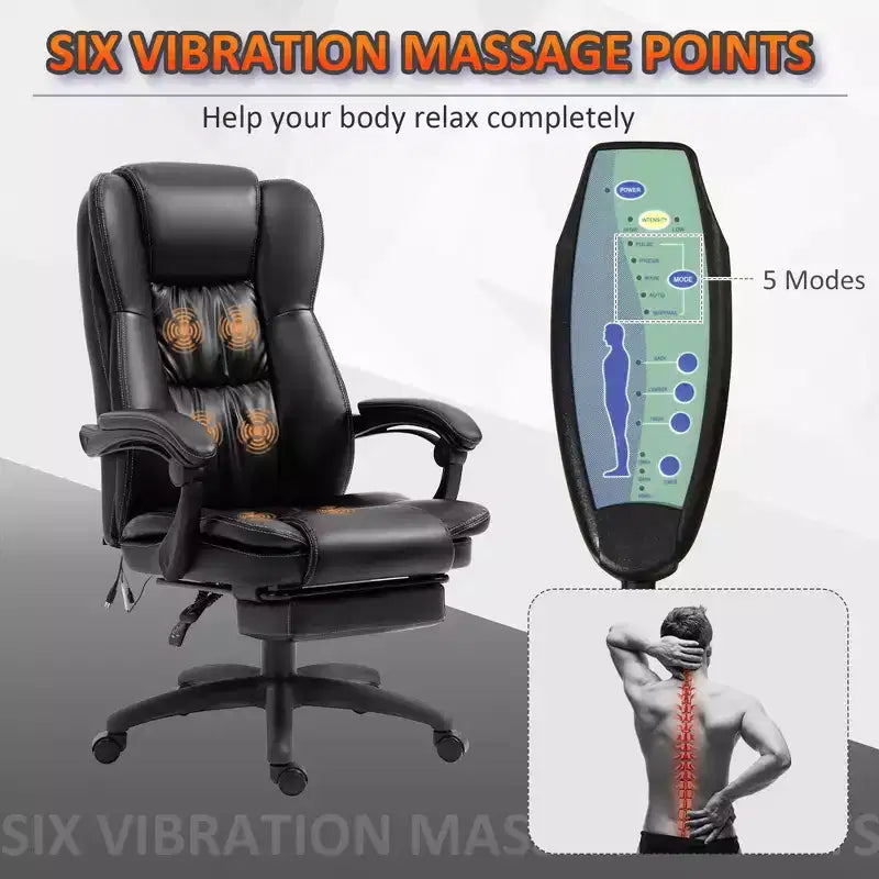 Fauteuil de bureau de direction Okak Massage avec vibration à 6 points, fauteuil inclinable pivotant avec repose-pieds rétractable, fauteuil confortable pour la maison, le bureau