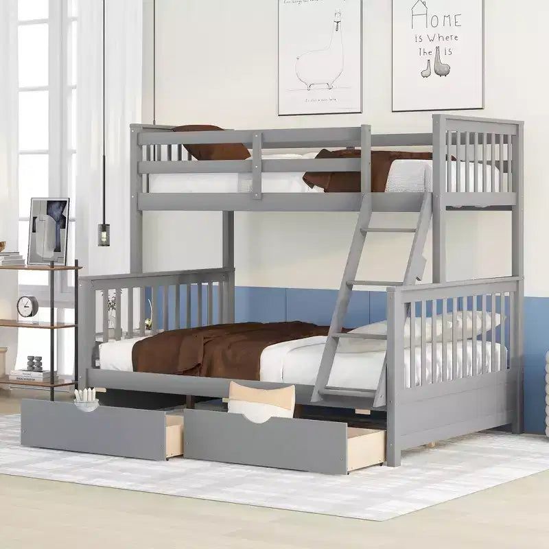 Lit superposé double sur plein avec tiroirs de rangement, cadre et échelle en bois de pin massif avec barrières de sécurité pour enfants et adolescents