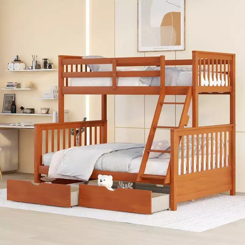 Lit superposé double sur plein avec tiroirs de rangement, cadre et échelle en bois de pin massif avec barrières de sécurité pour enfants et adolescents