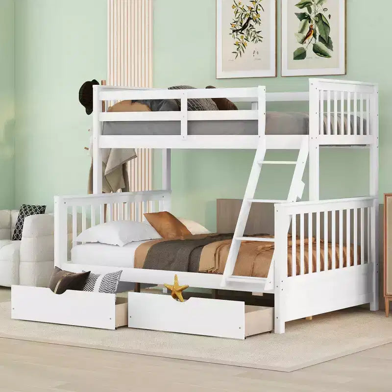 Lit superposé double sur plein avec tiroirs de rangement, cadre et échelle en bois de pin massif avec barrières de sécurité pour enfants et adolescents