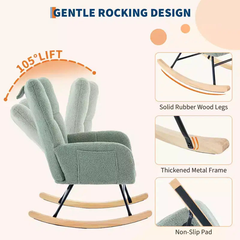 Fauteuil à bascule berçant de 136 kg, Rembourré en teddy avec pieds en bois pour salon, chambre et crèche, Poches latérales incluses