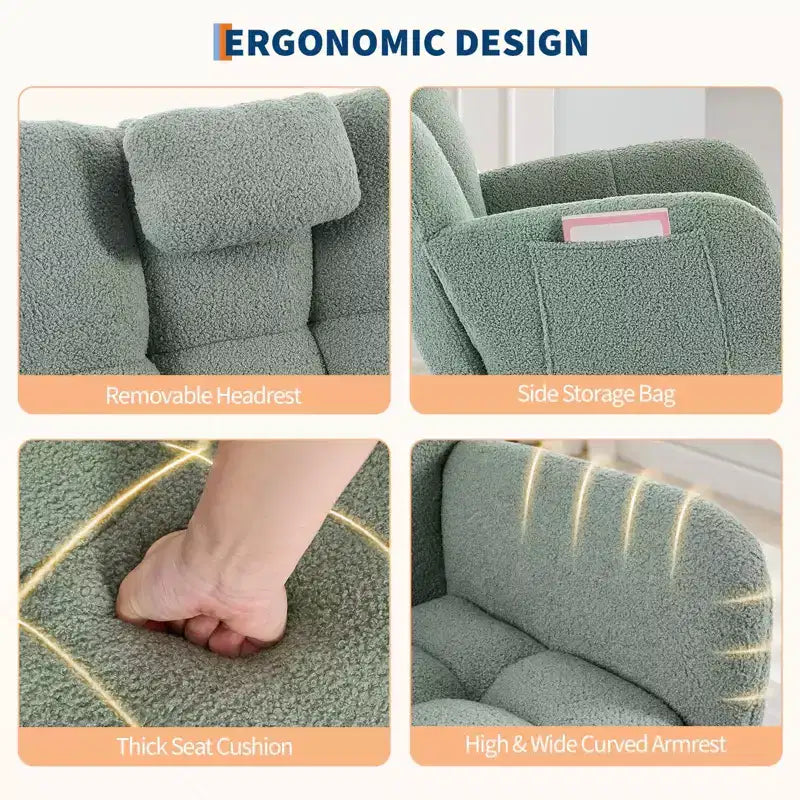 Fauteuil à bascule berçant de 136 kg, Rembourré en teddy avec pieds en bois pour salon, chambre et crèche, Poches latérales incluses