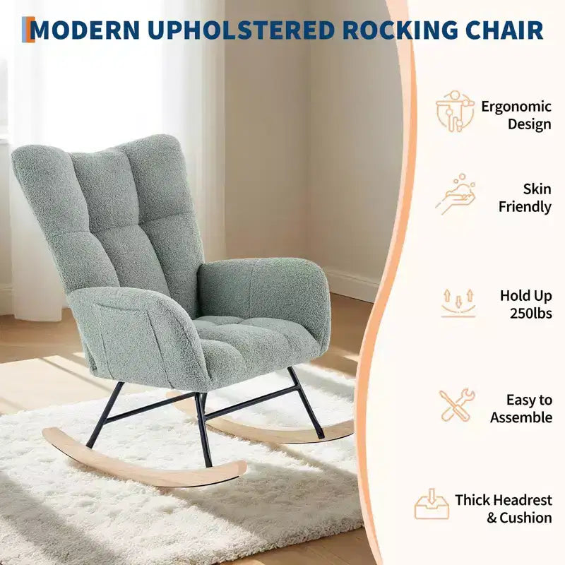 Fauteuil à bascule berçant de 136 kg, Rembourré en teddy avec pieds en bois pour salon, chambre et crèche, Poches latérales incluses