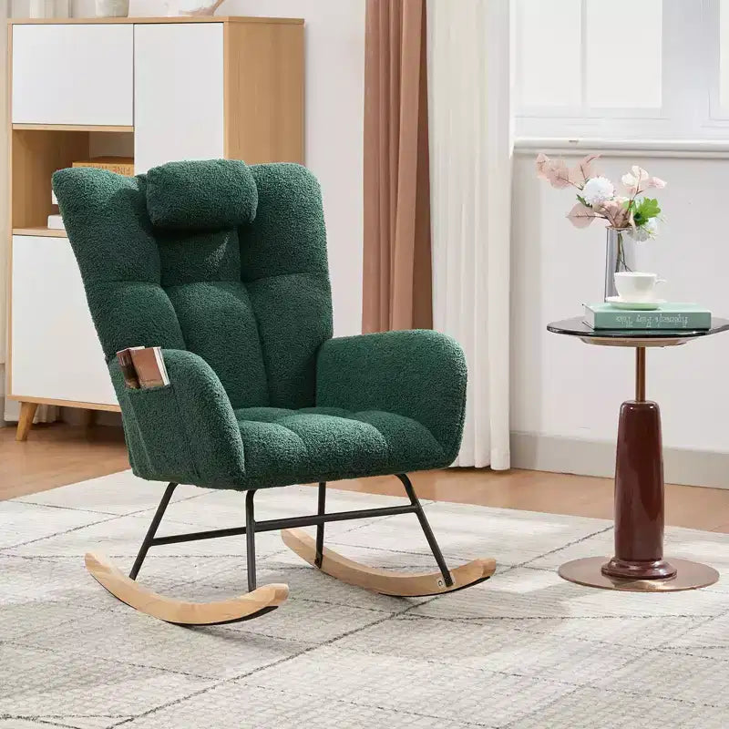 Fauteuil à bascule berçant de 136 kg, Rembourré en teddy avec pieds en bois pour salon, chambre et crèche, Poches latérales incluses