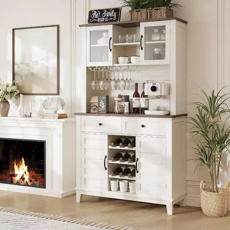 Farmhouse Coffee Bar Cabinet with 4 Doors, 2 Drawers & Wine Rack, 72 Kitchen Storage Console for Microwave & Home Bar