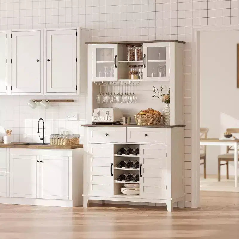 Meuble de bar à café de ferme avec 4 portes, 2 tiroirs et porte-bouteilles, console de rangement de cuisine de 72 pouces pour micro-ondes et bar à domicile