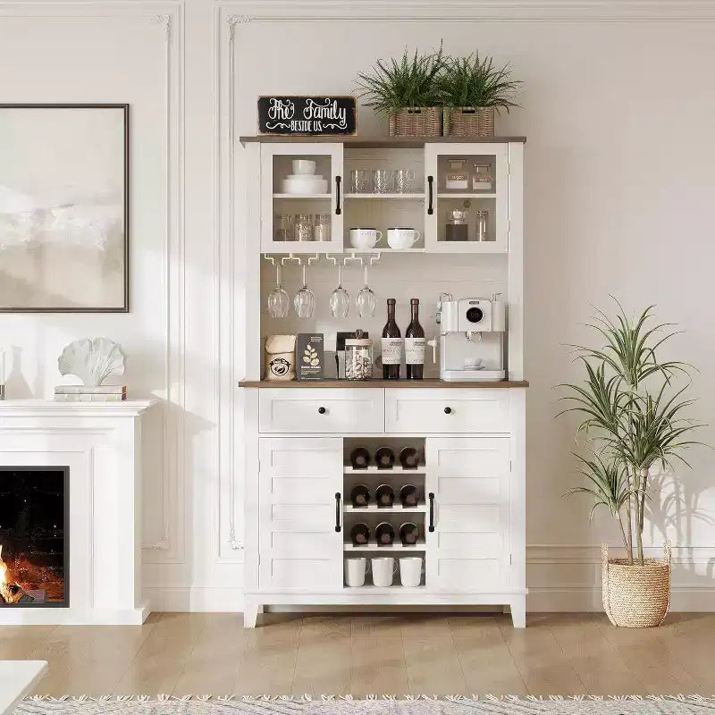 Meuble de bar à café de ferme avec 4 portes, 2 tiroirs et porte-bouteilles, console de rangement de cuisine de 72 pouces pour micro-ondes et bar à domicile