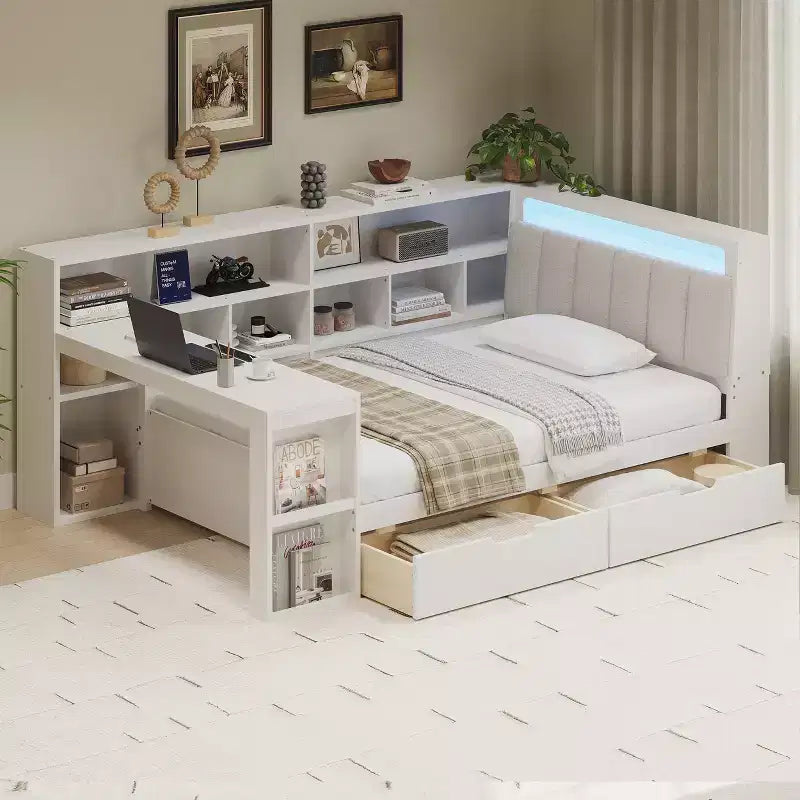 Lit de jour d'angle en forme de L, double/grand format, avec étagère de rangement, tiroirs, éclairage LED, bureau et tête de lit rembourrée - ModernLuxe
