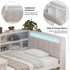 Lit de jour d'angle en forme de L, double/grand format, avec étagère de rangement, tiroirs, éclairage LED, bureau et tête de lit rembourrée - ModernLuxe