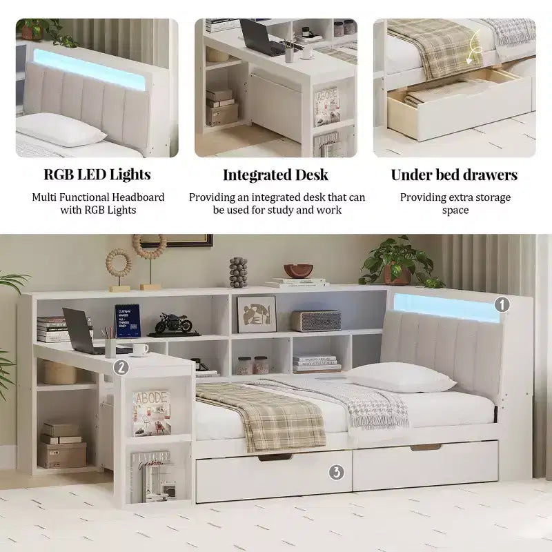 Lit de jour d'angle en forme de L, double/grand format, avec étagère de rangement, tiroirs, éclairage LED, bureau et tête de lit rembourrée - ModernLuxe