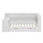 Lit de jour d'angle en forme de L, double/grand format, avec étagère de rangement, tiroirs, éclairage LED, bureau et tête de lit rembourrée - ModernLuxe