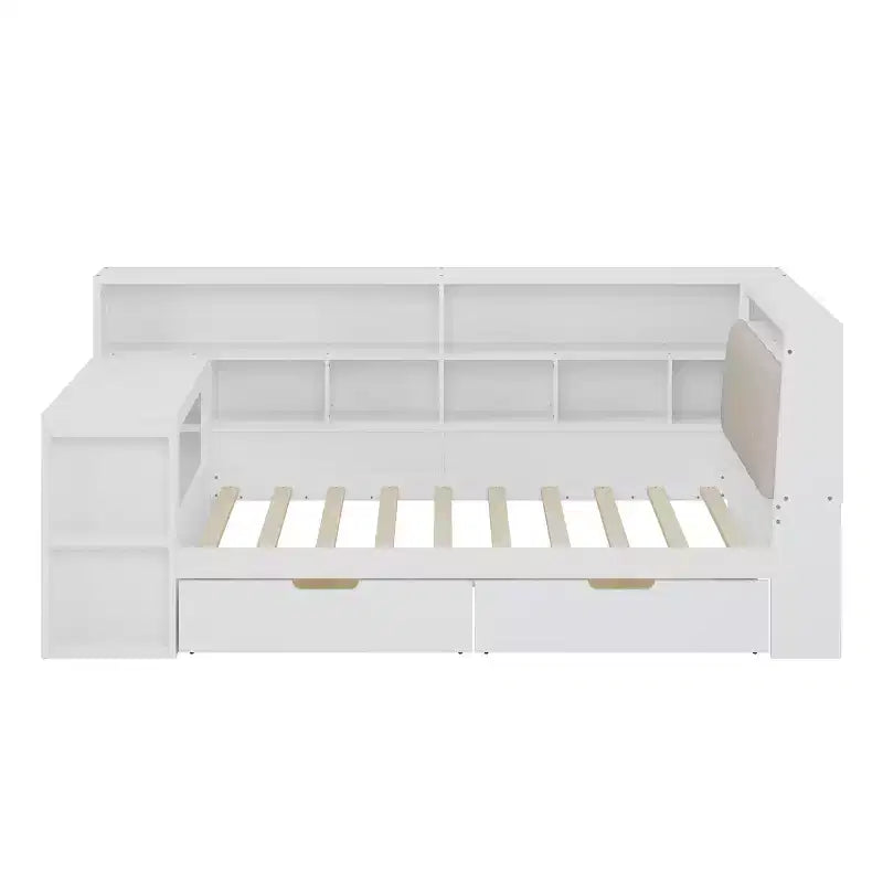 Lit de jour d'angle en forme de L, double/grand format, avec étagère de rangement, tiroirs, éclairage LED, bureau et tête de lit rembourrée - ModernLuxe