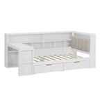 Lit de jour d'angle en forme de L, double/grand format, avec étagère de rangement, tiroirs, éclairage LED, bureau et tête de lit rembourrée - ModernLuxe