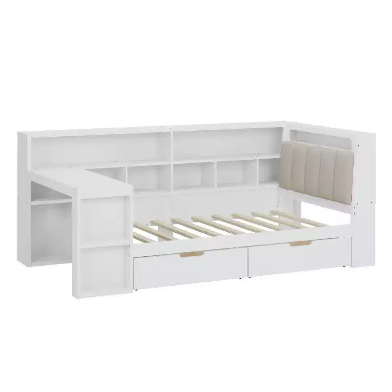 Lit de jour d'angle en forme de L, double/grand format, avec étagère de rangement, tiroirs, éclairage LED, bureau et tête de lit rembourrée - ModernLuxe