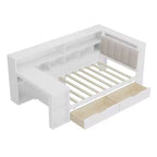 Lit de jour d'angle en forme de L, double/grand format, avec étagère de rangement, tiroirs, éclairage LED, bureau et tête de lit rembourrée - ModernLuxe