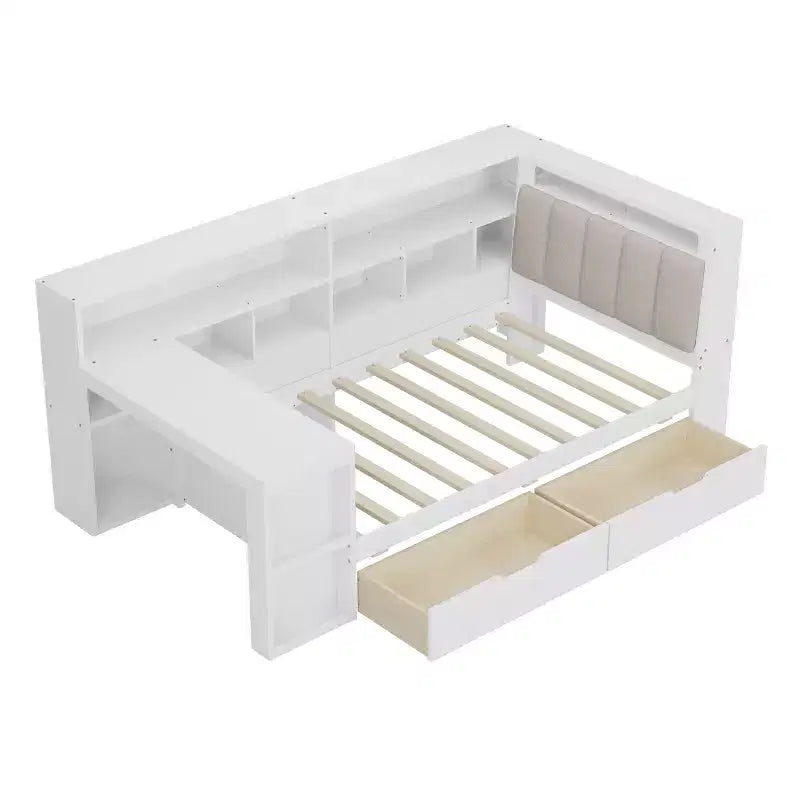 Lit de jour d'angle en forme de L, double/grand format, avec étagère de rangement, tiroirs, éclairage LED, bureau et tête de lit rembourrée - ModernLuxe