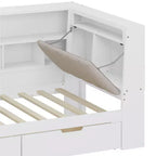 Lit de jour d'angle en forme de L, double/grand format, avec étagère de rangement, tiroirs, éclairage LED, bureau et tête de lit rembourrée - ModernLuxe