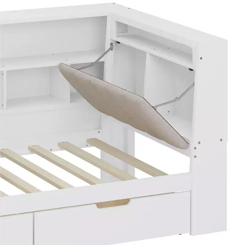 Lit de jour d'angle en forme de L, double/grand format, avec étagère de rangement, tiroirs, éclairage LED, bureau et tête de lit rembourrée - ModernLuxe