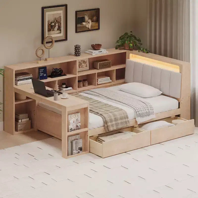 Lit de jour d'angle en forme de L, double/grand format, avec étagère de rangement, tiroirs, éclairage LED, bureau et tête de lit rembourrée - ModernLuxe