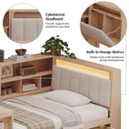 Lit de jour d'angle en forme de L, double/grand format, avec étagère de rangement, tiroirs, éclairage LED, bureau et tête de lit rembourrée - ModernLuxe