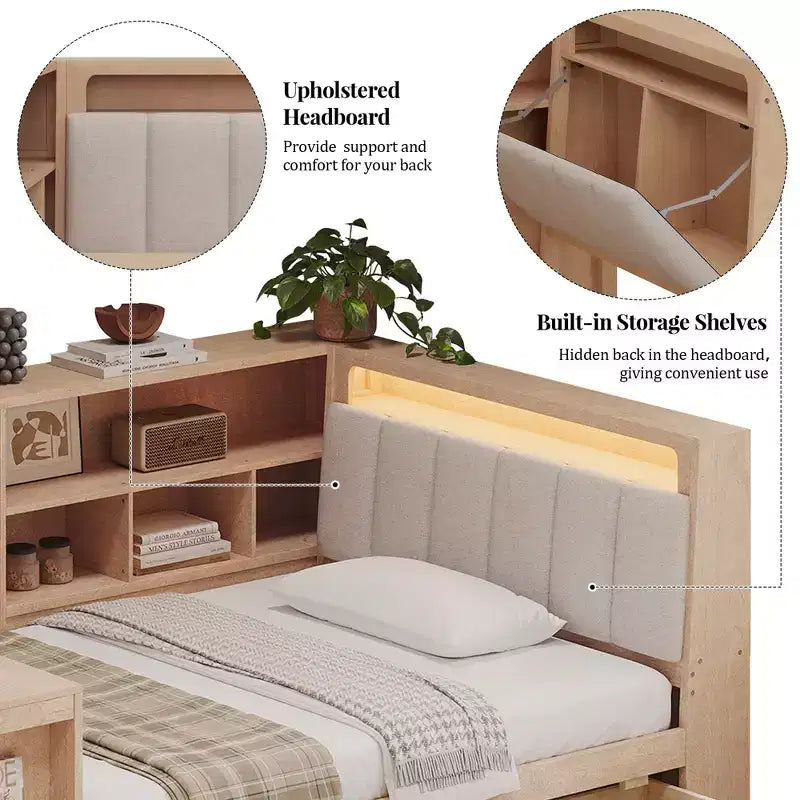 Lit de jour d'angle en forme de L, double/grand format, avec étagère de rangement, tiroirs, éclairage LED, bureau et tête de lit rembourrée - ModernLuxe