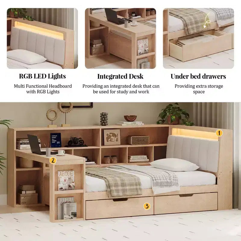 Lit de jour d'angle en forme de L, double/grand format, avec étagère de rangement, tiroirs, éclairage LED, bureau et tête de lit rembourrée - ModernLuxe