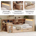 Lit de jour d'angle en forme de L, double/grand format, avec étagère de rangement, tiroirs, éclairage LED, bureau et tête de lit rembourrée - ModernLuxe