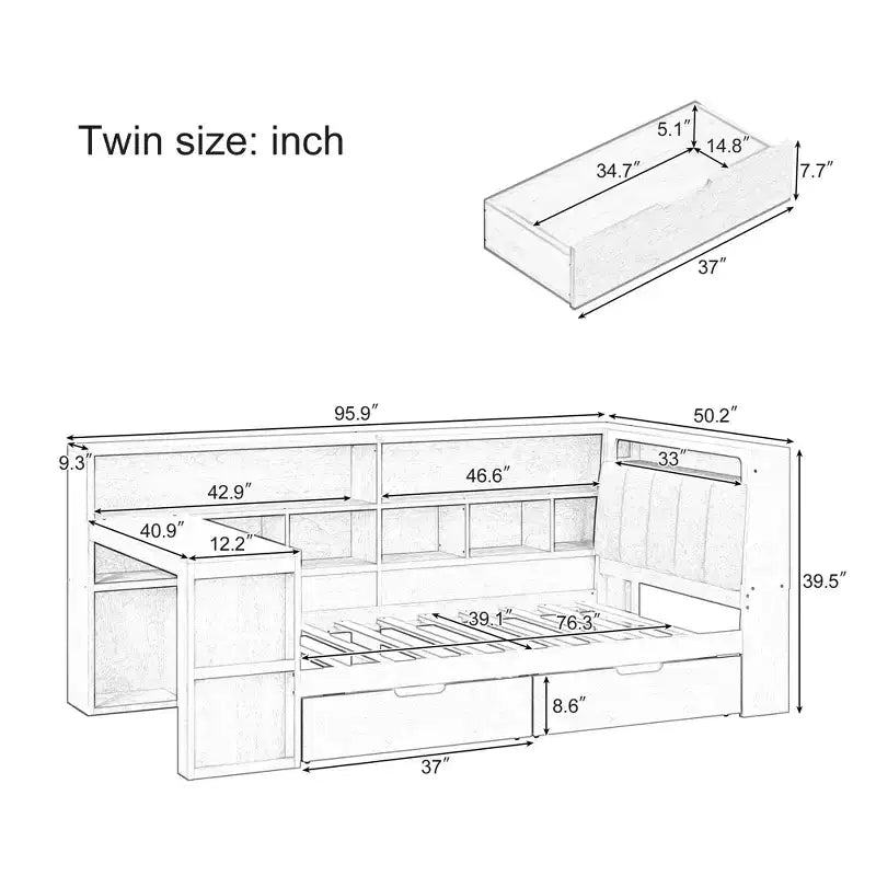 Lit de jour d'angle en forme de L, double/grand format, avec étagère de rangement, tiroirs, éclairage LED, bureau et tête de lit rembourrée - ModernLuxe